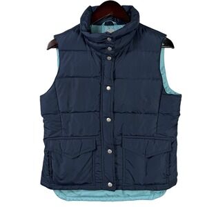 J.Crew Down Quilted‎ Puffer Vest Size M Navy Blue Snap & Zip Pockets Collar